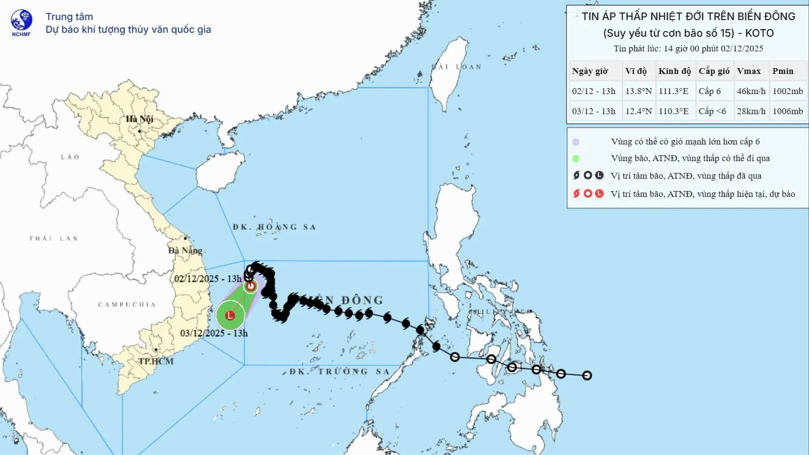 Dự b&aacute;o ng&agrave;y 3/12 &aacute;p th&acirc;́p nhi&ecirc;̣t đới suy yếu th&agrave;nh v&ugrave;ng &aacute;p thấp