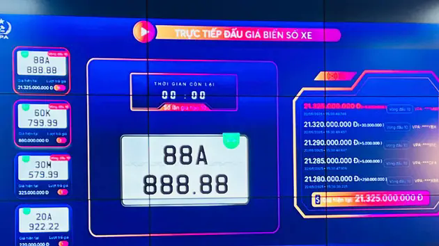 Biển số 88A-888.88 tr&uacute;ng đấu gi&aacute; hơn 21 tỷ đồng