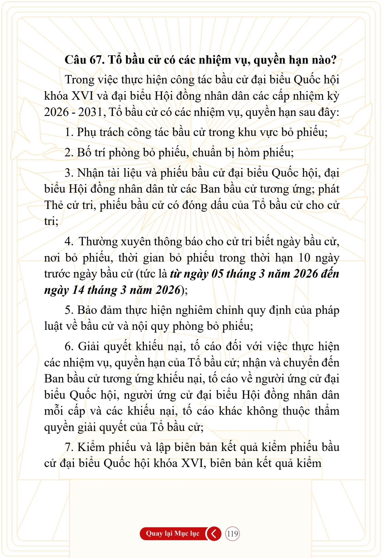Hỏi đ&aacute;p về bầu cử Quốc hội kh&oacute;a XVI v&agrave; HĐND c&aacute;c cấp nhiệm kỳ 2026-2031 - trang 119