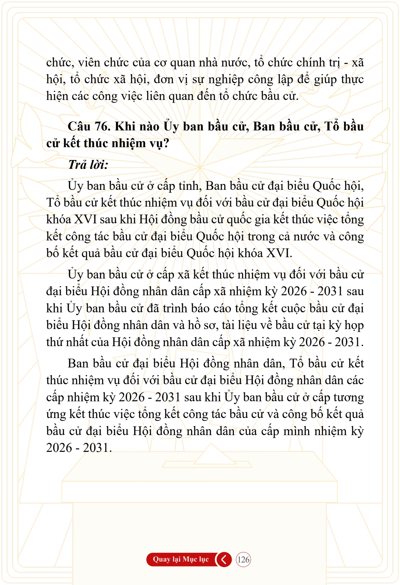 Hỏi đ&aacute;p về bầu cử Quốc hội kh&oacute;a XVI v&agrave; HĐND c&aacute;c cấp nhiệm kỳ 2026-2031 - trang 126