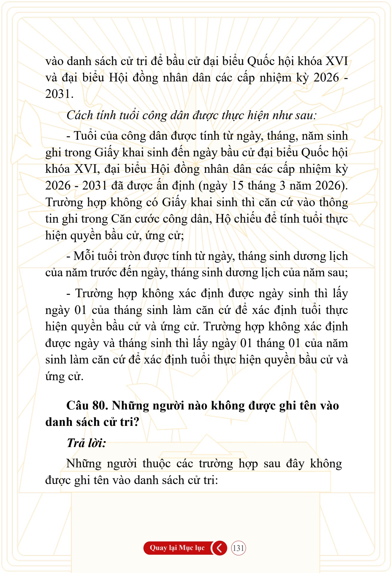 Hỏi đ&aacute;p về bầu cử Quốc hội kh&oacute;a XVI v&agrave; HĐND c&aacute;c cấp nhiệm kỳ 2026-2031 - trang 131